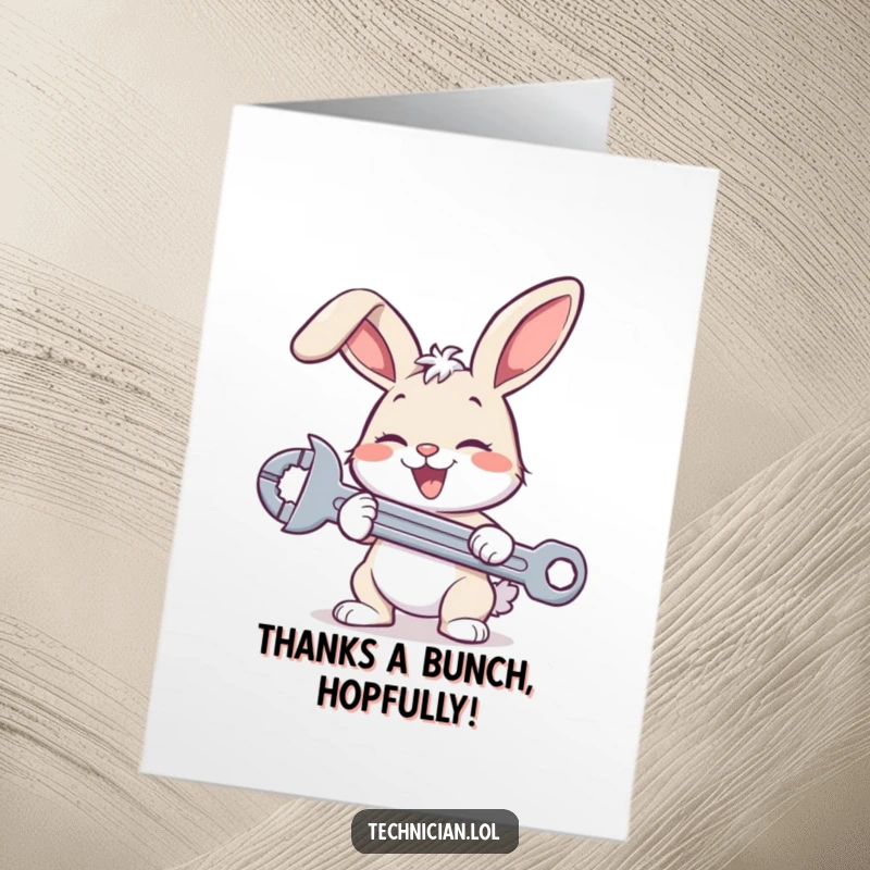 Funny Free Printable Thank You Card: An enthusiastic bunny mechanic holding a wrench, offering thanks with a smile.