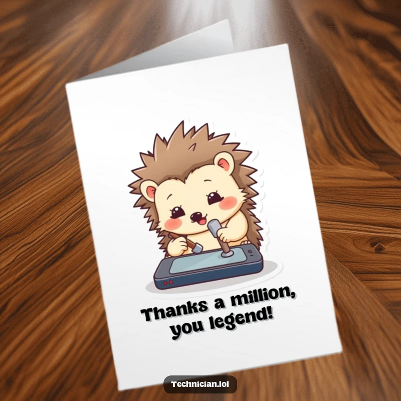 Funny Free Printable Thank You Card: A hedgehog comically taps a device with a small hammer, conveying effort.