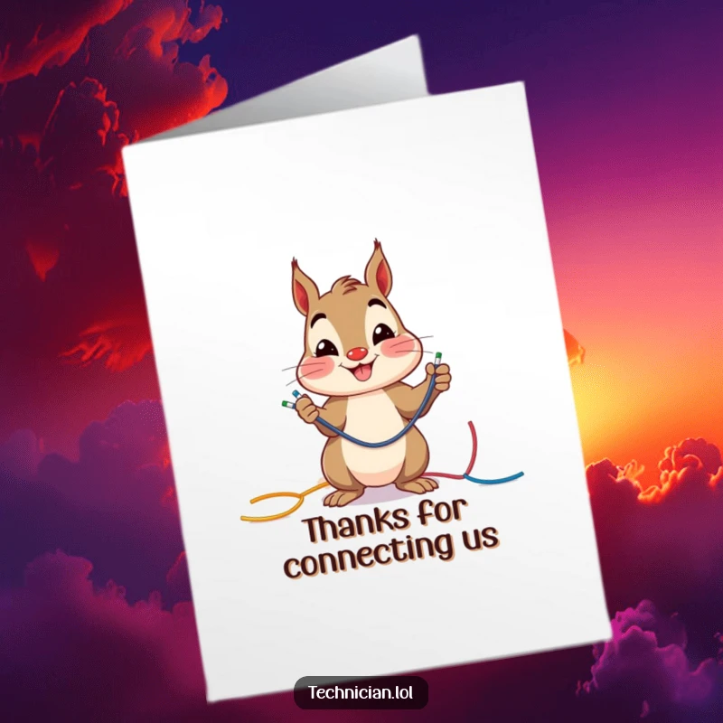Funny free printable thank you card: A cheerful squirrel smiling while carefully connecting colored wires.