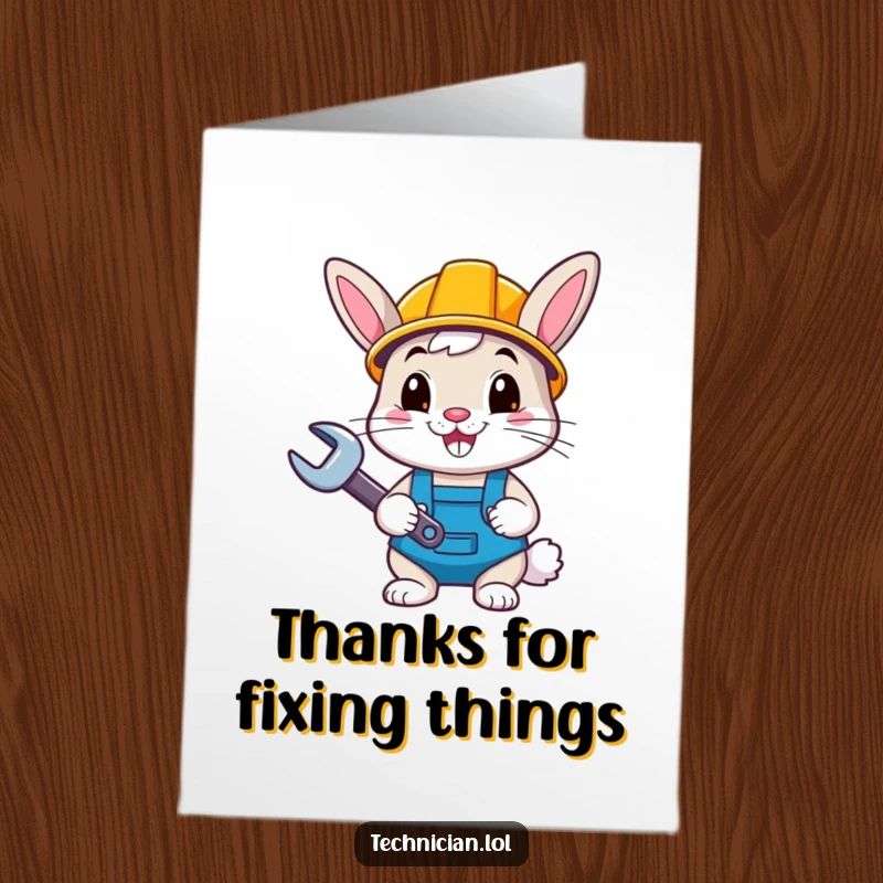 Funny free printable thank you card: A happy bunny in a hard hat holding a wrench, giving thanks.