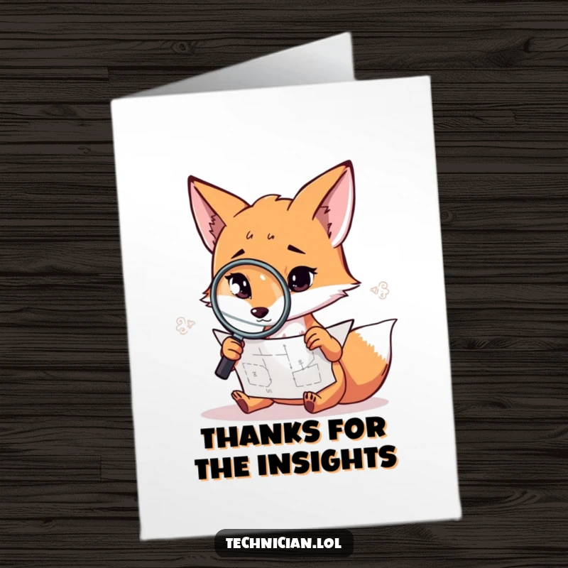 Funny free printable thank you card featuring a fox with a magnifying glass scrutinizing a diagram, DIY gift.
