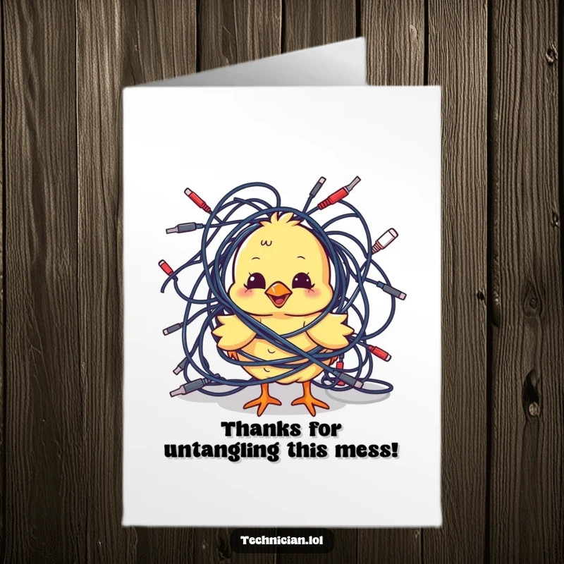 Funny Free Printable Thank You Card: A playful chick is comically tangled in cables, thanking someone for their help.