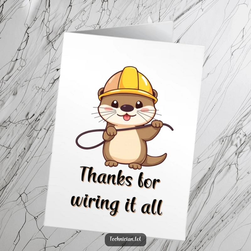 Funny Free Printable Thank You Card: A diligent otter in a hard hat holds a wire, ready to assist in expressing thanks.