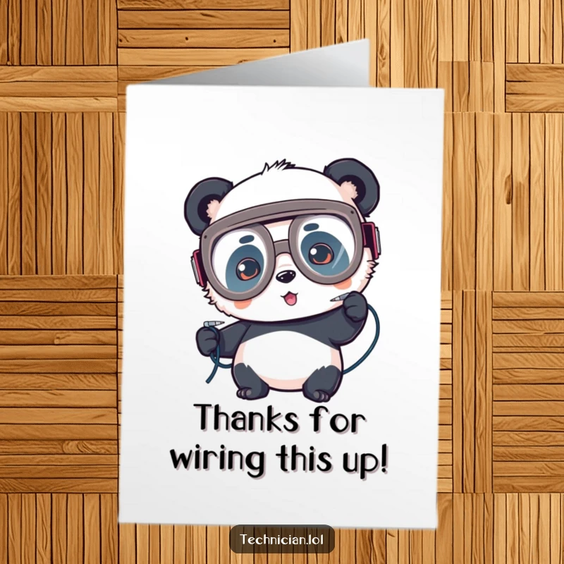 Funny Free Printable Thank You Card: A panda in large goggles carefully solders wires, offering thanks for technical assistance.