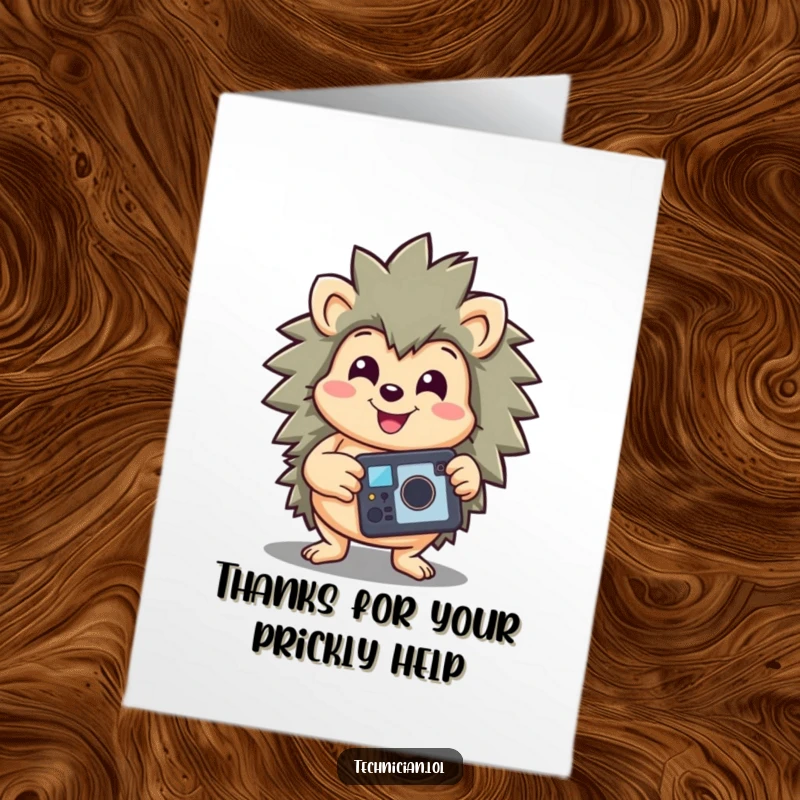 Funny Free Printable Thank You Card: A proud hedgehog holds up a repaired gadget, radiating success.