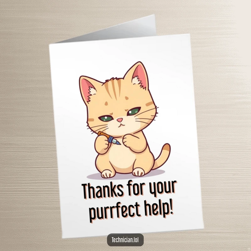 Funny Free Printable Thank You Card: A determined cat meticulously uses a tiny screwdriver, expressing thanks with focused effort.