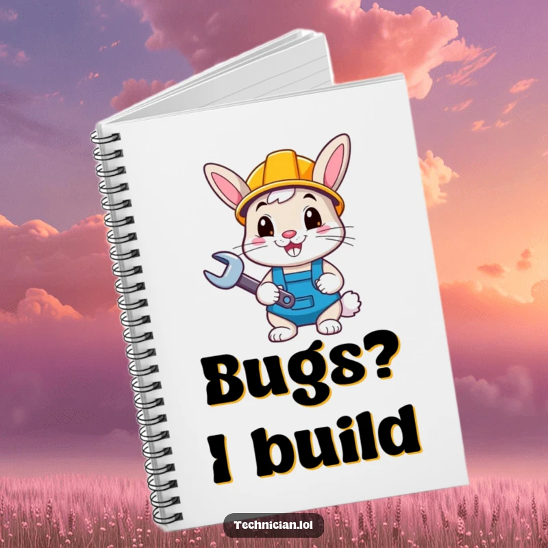 Funny bunny with hard hat and wrench, on the cover of a notebook, perfect funny gift.