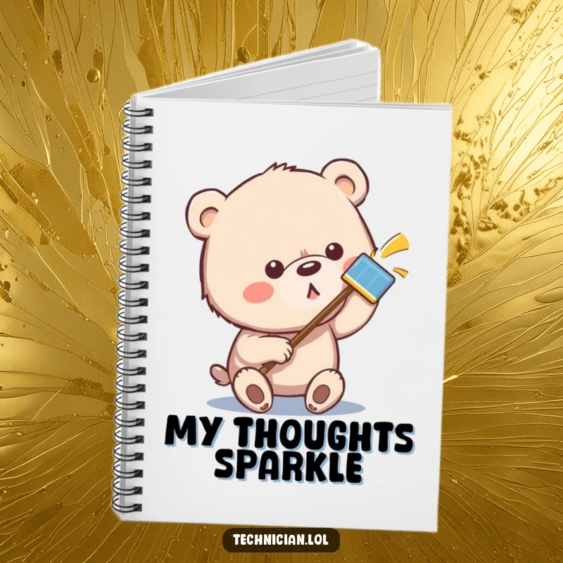 Funny bear notebook cover art of a bear meticulously wiping a metallic surface until it shines, symbolizing organization and clarity.