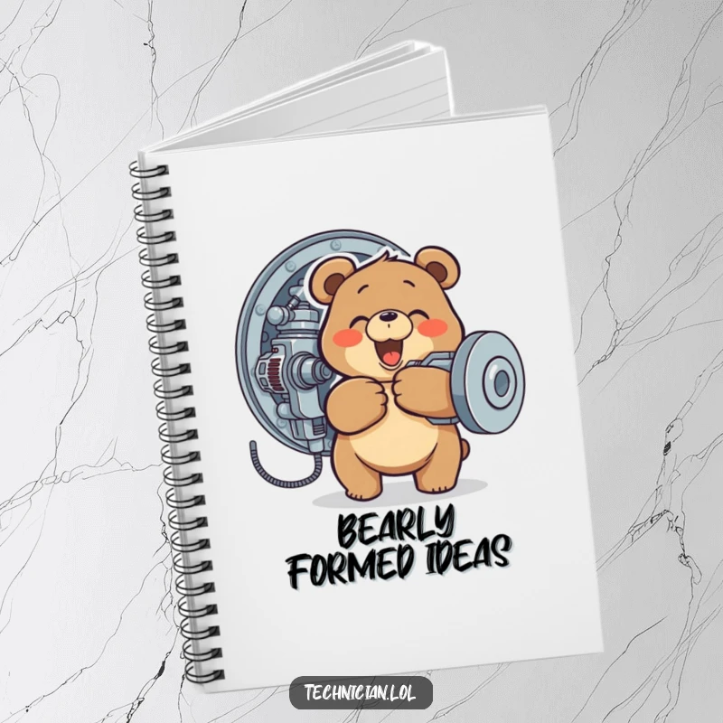 Funny notebook with a happy bear tightening a screw on a complex machine, perfect for notes and ideas.
