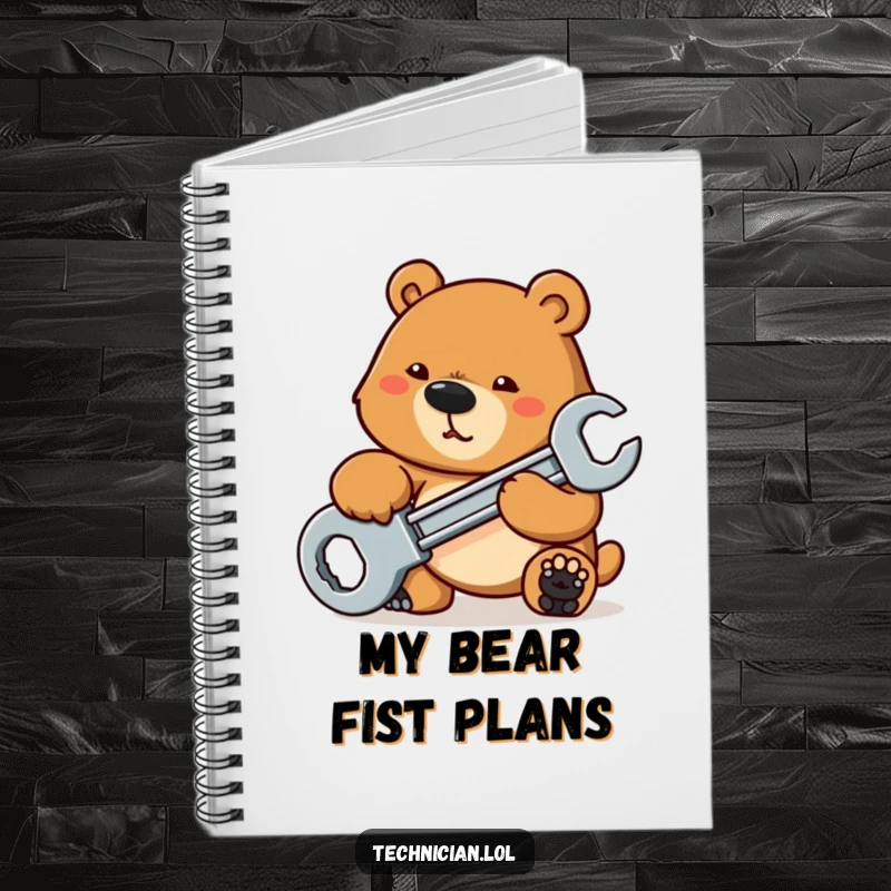 Funny Notebooks: A determined bear tightening a bolt with a large wrench encourages notes and plans for robust projects, a perfect funny gift.