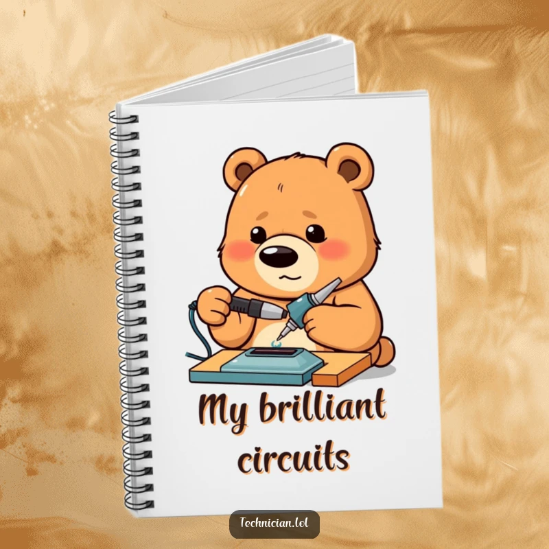 Funny Bear Notebook featuring a proud bear intensely concentrating on soldering, perfect for jotting down intricate plans.