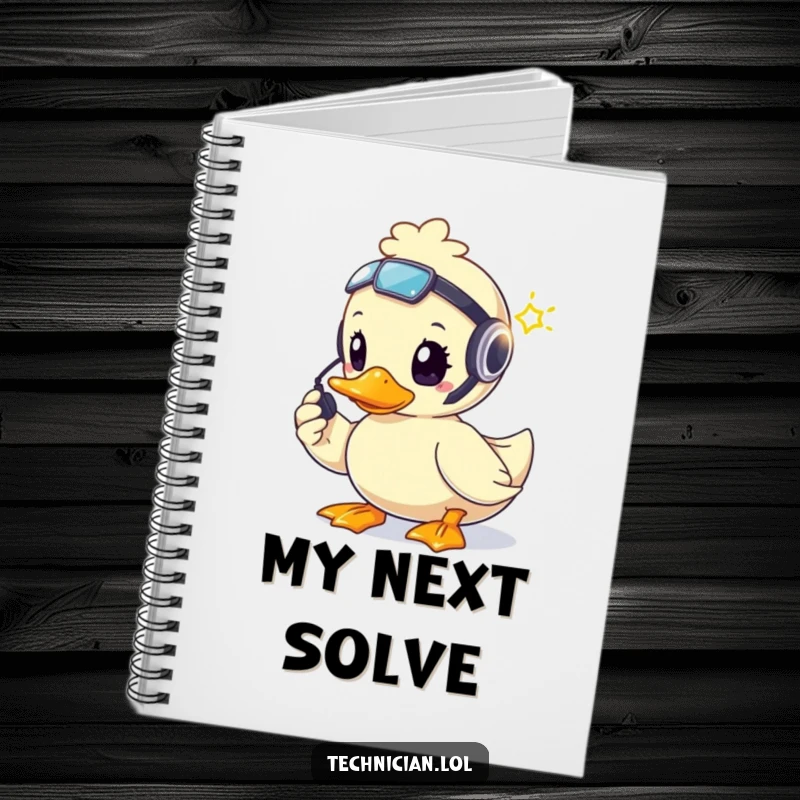 Funny brave duck wearing a headset, fixing a blinking light, featured on a notebook cover.