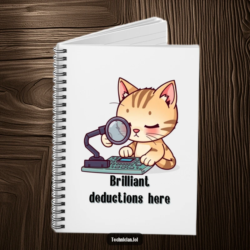 Funny focused cat with a magnifying glass examining a circuit board, on the cover of a notebook, perfect funny gift.