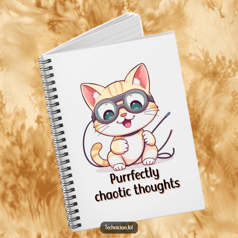 Funny notebook with a cute cat wearing goggles, tinkering with wires, perfect for notes and tech ideas.