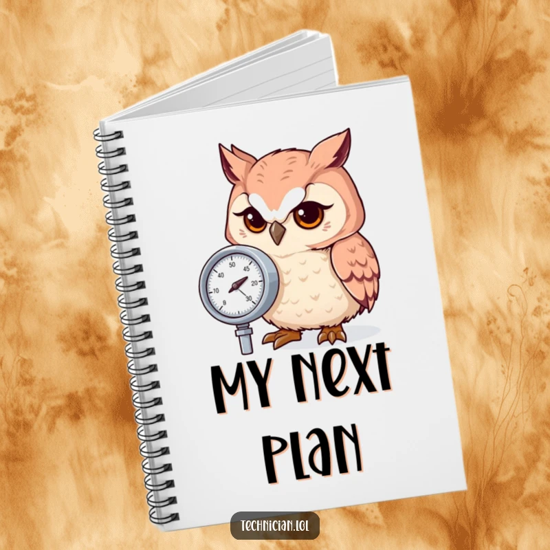 Funny owl with intense focus on a pressure gauge, featured on a notebook cover for meticulous record-keeping.