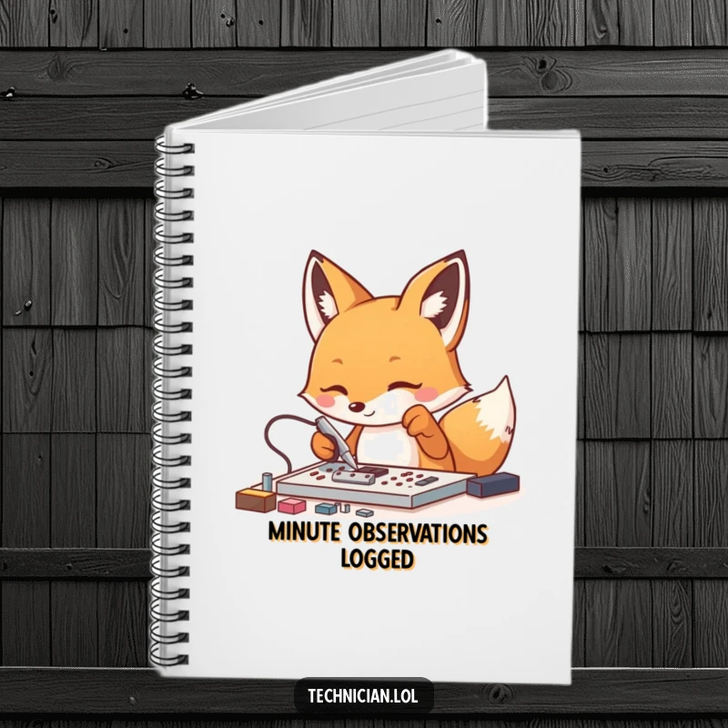 Funny Fox Tech Notebook: An energetic fox is shown meticulously using tweezers on tiny components, ideal for capturing detailed notes.