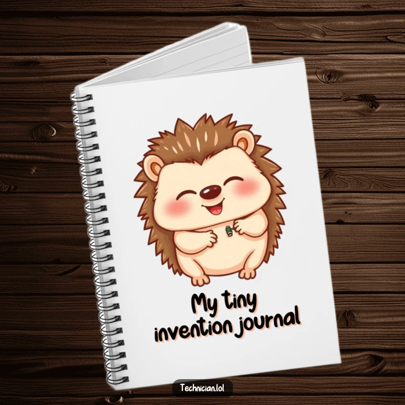 Funny notebook with a giggling hedgehog carefully inserting a tiny component, inspiring creativity and laughter for all your writing needs.