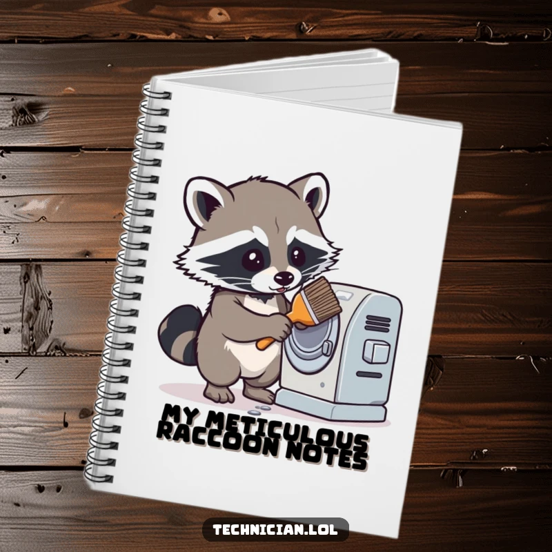 Funny notebook with a determined raccoon cleaning a dusty machine with a brush, inspiring organized thoughts and humorous productivity.