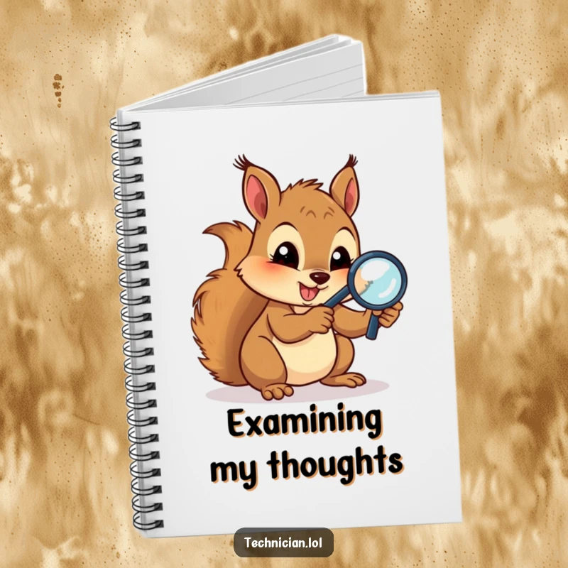 Funny Notebooks: A gleeful squirrel with a magnifying glass studies circuits, inspiring detailed notes and plans for innovative projects, a perfect funny gift.