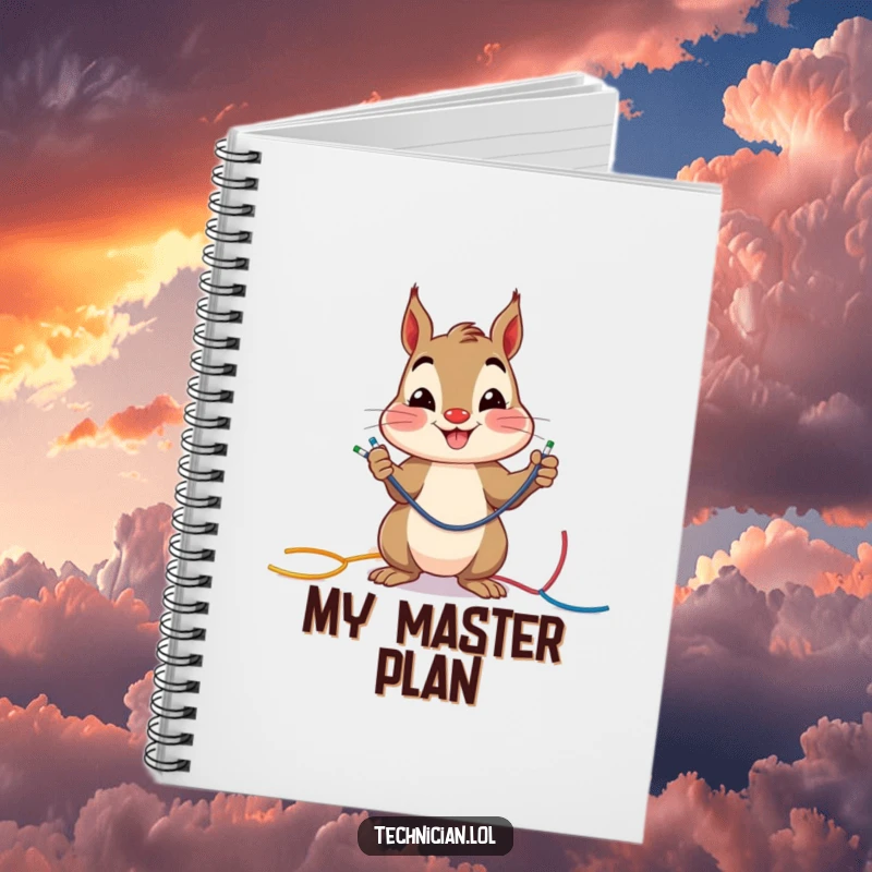 Funny cheerful squirrel smiling while connecting colorful wires, on the cover of a notebook, perfect funny gift.