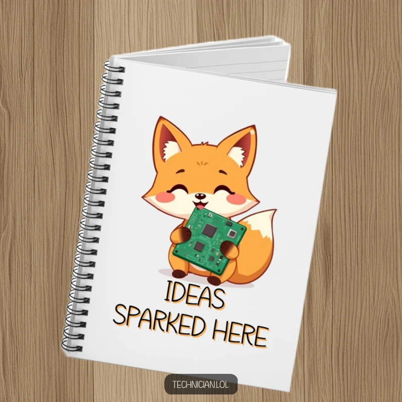 Funny notebook, cheerful fox holding a shiny repaired circuit board, journaling tech, organized geek.