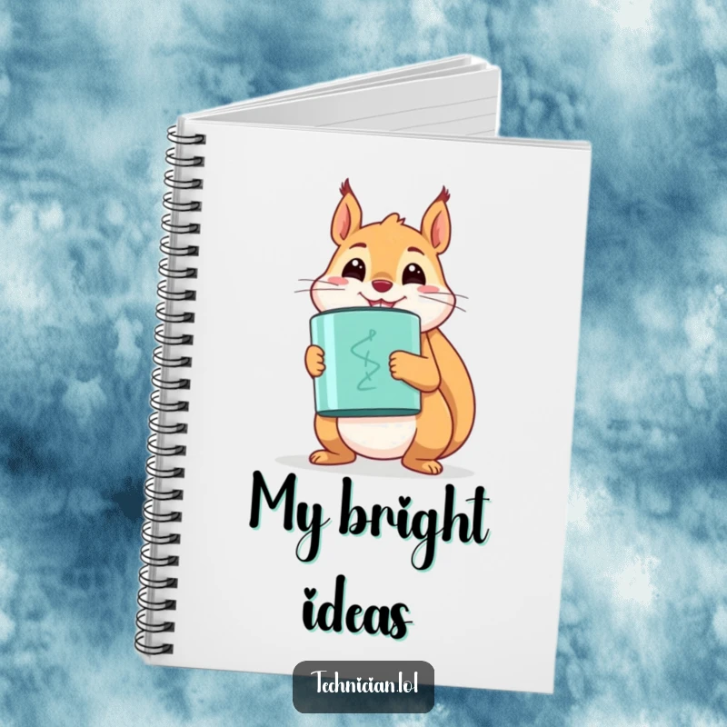 Funny happy squirrel holding a large capacitor with a proud smile, featured on a notebook cover.