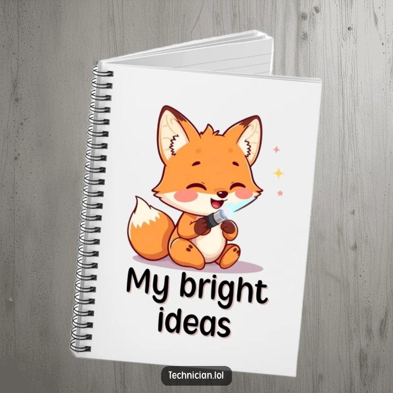 Funny Notebooks: A happy fox soldering wires with a glowing tool encourages notes and plans for brilliant inventions, a perfect funny gift for creators.