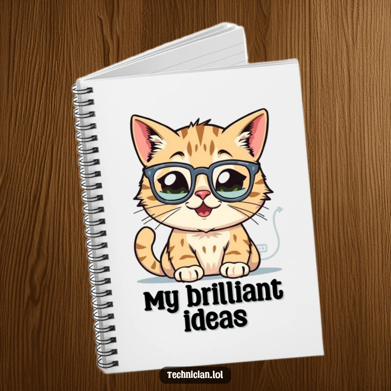 Funny cat notebook, wearing glasses, focused on glowing computer schematics, ideal for capturing brilliant ideas.