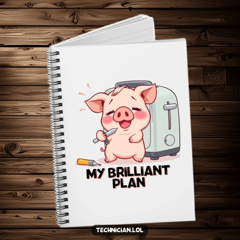 Funny notebook featuring a giggling piglet with a screwdriver attempting toaster repair, perfect for jotting down funny ideas.