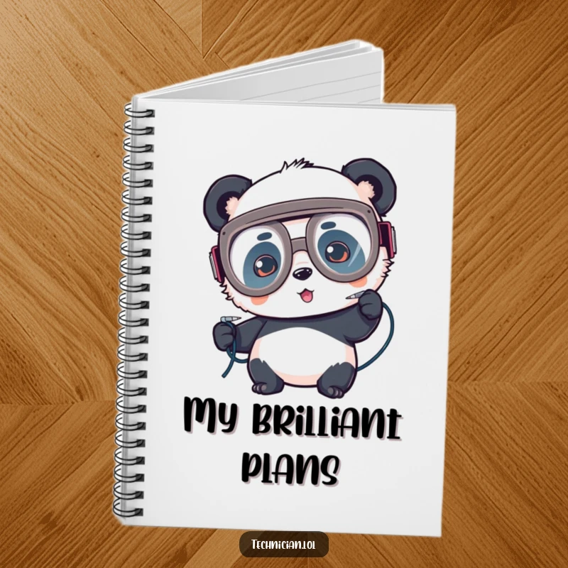 Funny notebook, panda in goggles soldering wires, focused project planning, maker's journal.