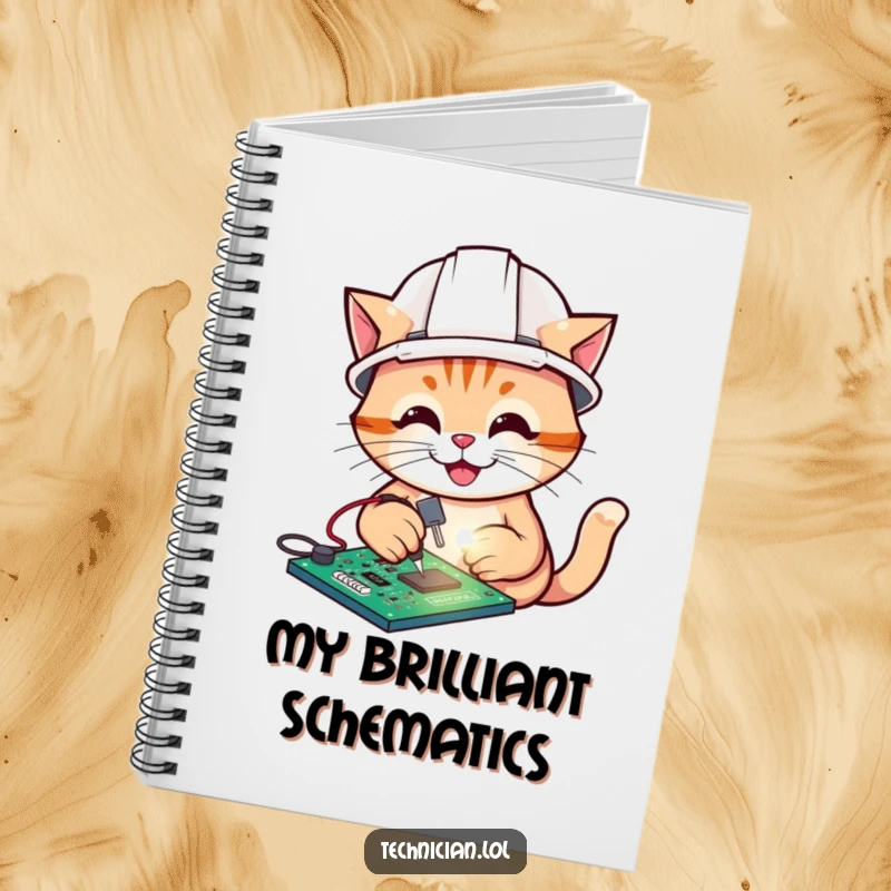 Funny notebook cover with a cartoon of a cat soldering a circuit board, great for jotting down technical ideas.