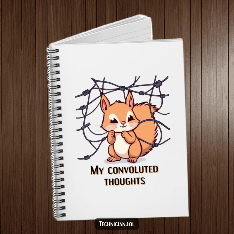 Funny notebook, curious squirrel examining wires, tech journaling, organized explorer.