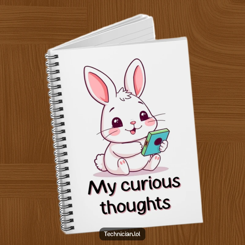 Funny notebook with a cheery rabbit holding a colorful gadget, curious face, ready to record new discoveries and ideas.