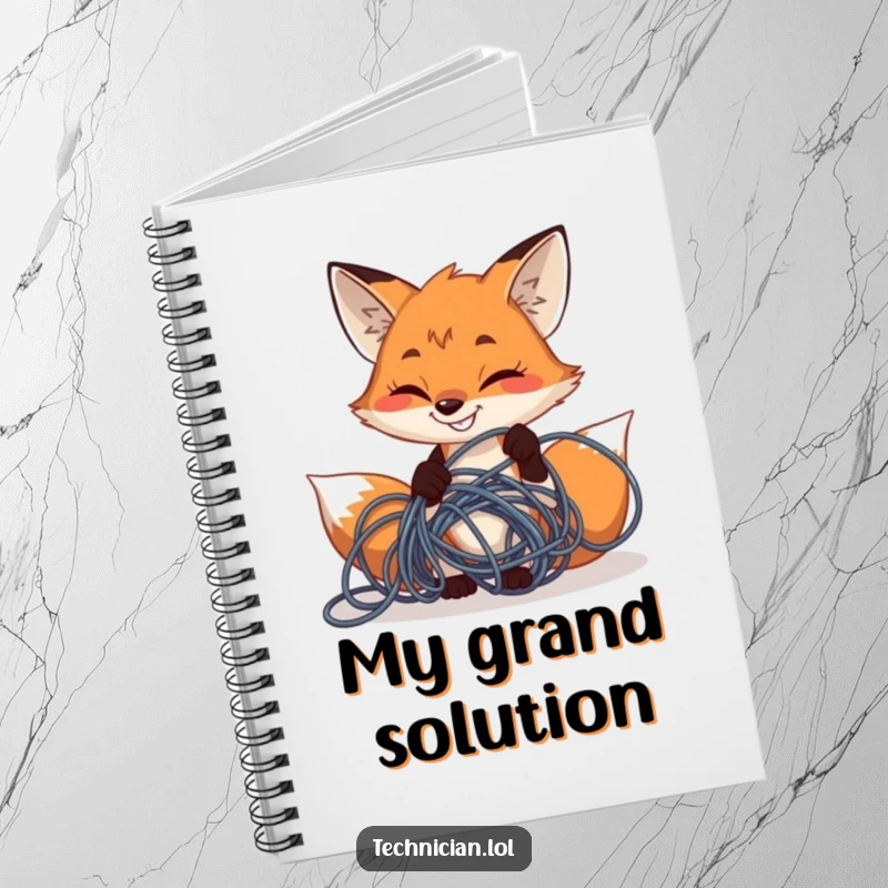 Funny determined fox grinning while fixing tangled wires, on the cover of a notebook, perfect funny gift.