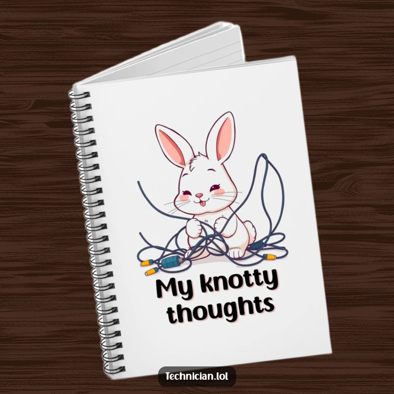 Funny notebook cover featuring a smiling bunny intently examining a tangled mess of wires, designed for jotting down ideas and tech solutions humorously.