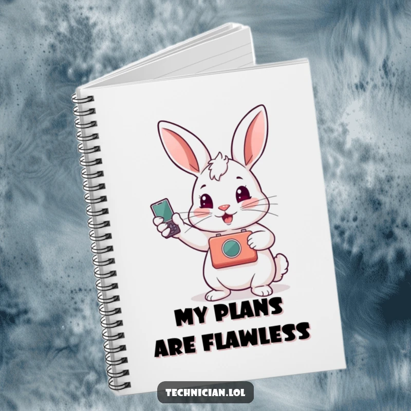 Funny notebook cover with a rabbit proudly displaying a repaired gadget, ideal for jotting down repair logs and bright ideas.