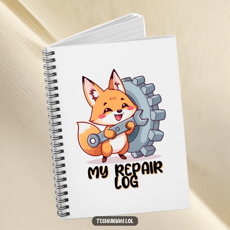 Funny notebook with a cute fox holding a wrench, tightening a giant bolt, ideal for writing notes and DIY inspiration.