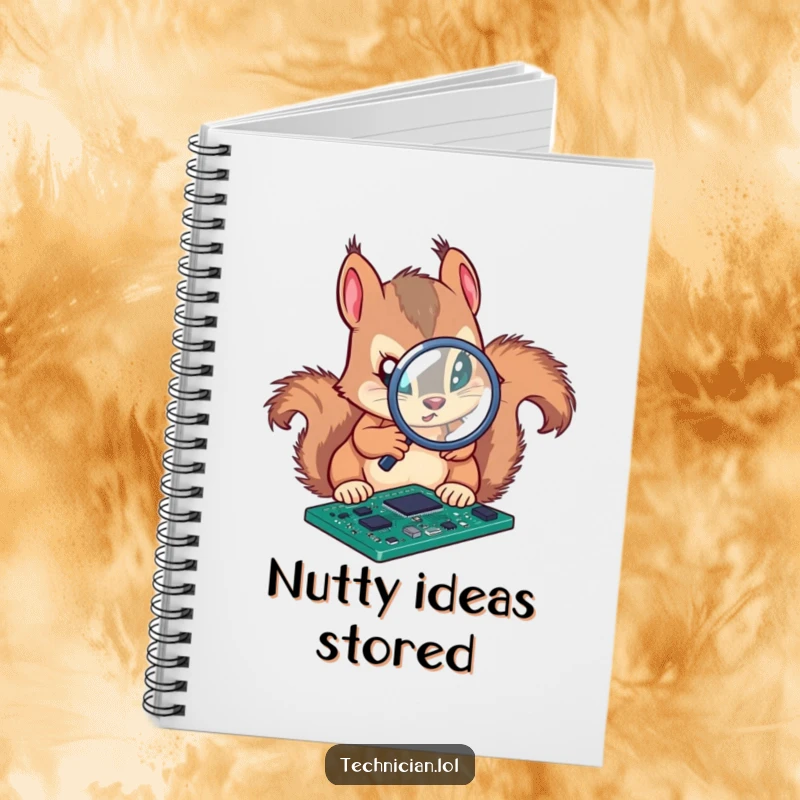 Funny notebook with a determined squirrel analyzing a circuit board with a magnifying glass, perfect for notes.