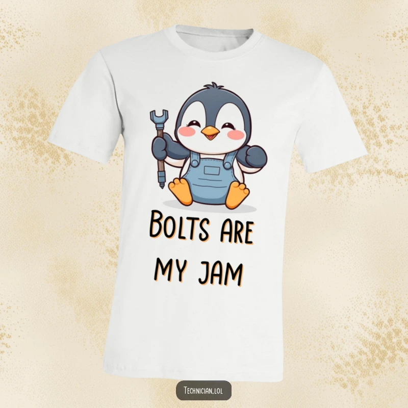 Funny penguin in overalls enthusiastically tightening a bolt, a cheerful mechanic ready for any job, vibrant and humorous.