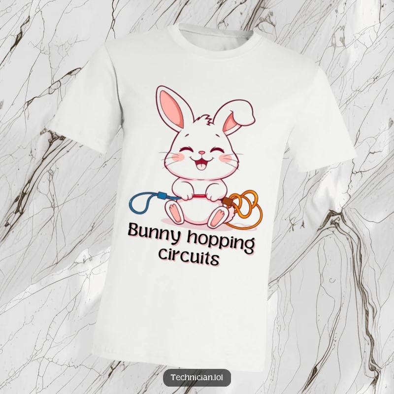 Funny t-shirt of a giggling rabbit carefully connecting two colorful wires with a smile, a cheerful technician.