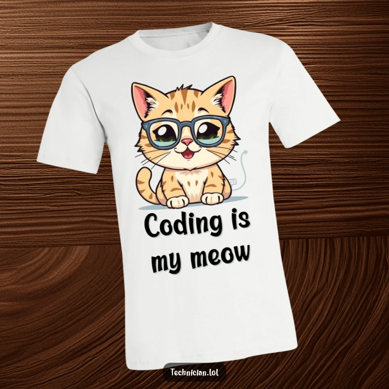 Funny cat t-shirt, wearing glasses, focused on glowing computer schematics, representing a brilliant mind at work.