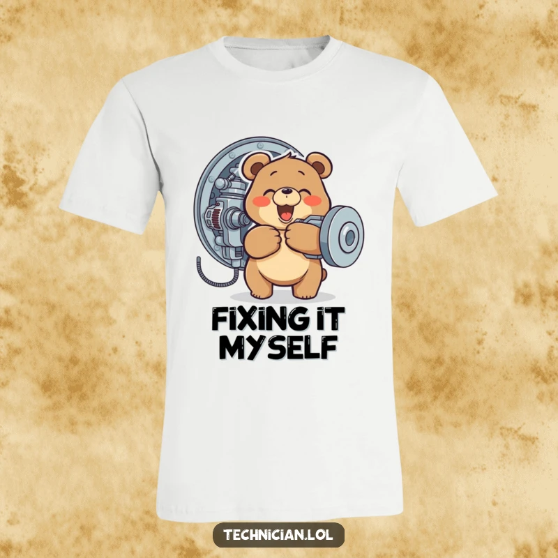 Funny t-shirt depicting a happy bear enthusiastically tightening a screw on a complex machine, perfect for mechanics.