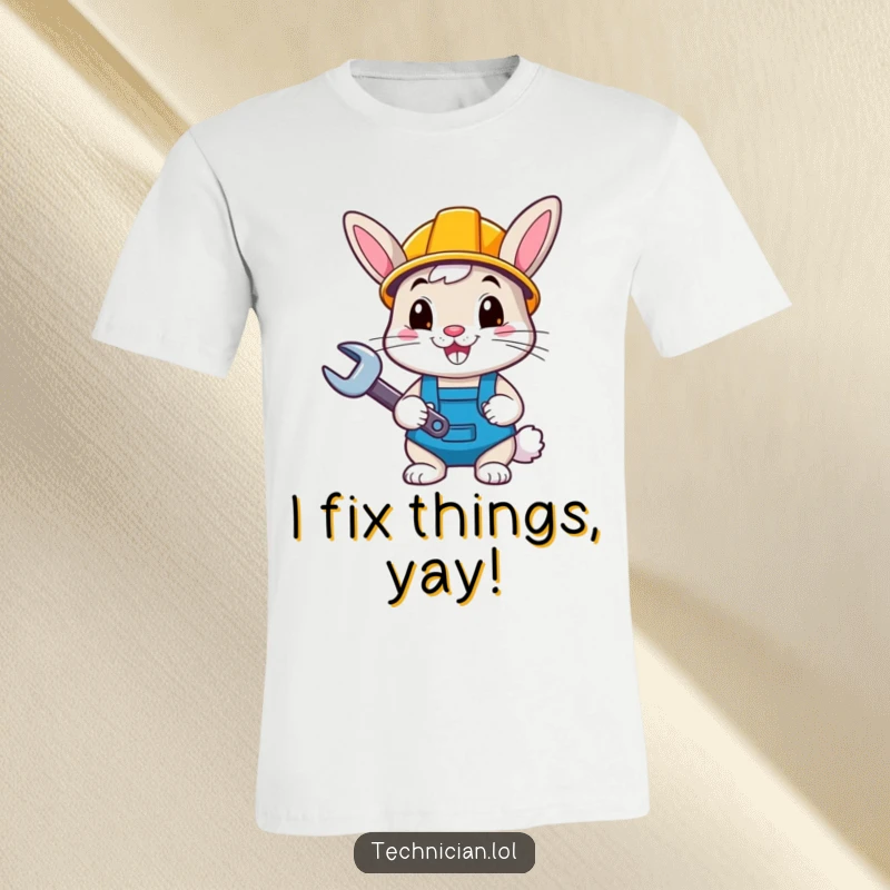 Funny happy bunny wearing a hard hat and holding a wrench, looking cheerful, printed on a t-shirt, perfect funny gift.