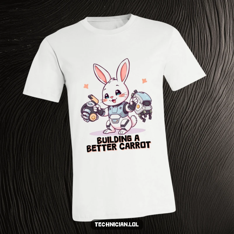 Funny bunny builder t-shirt, a playful bunny joyfully assembling a complex robotic arm, looking focused and happy.