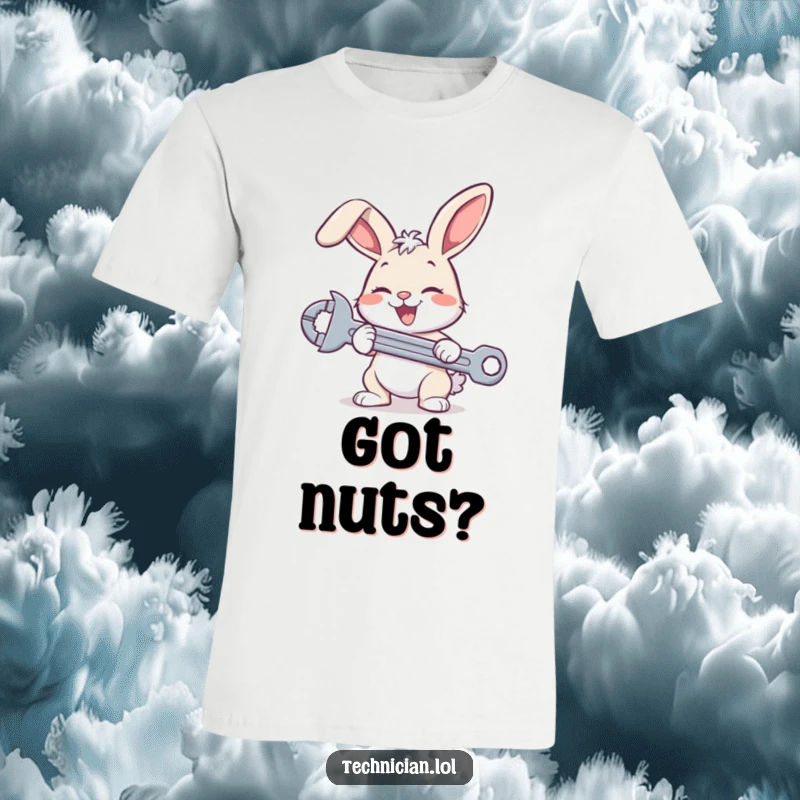 Funny bunny mechanic t-shirt, showing a happy rabbit with a tool busy tightening a bolt, a humorous design.