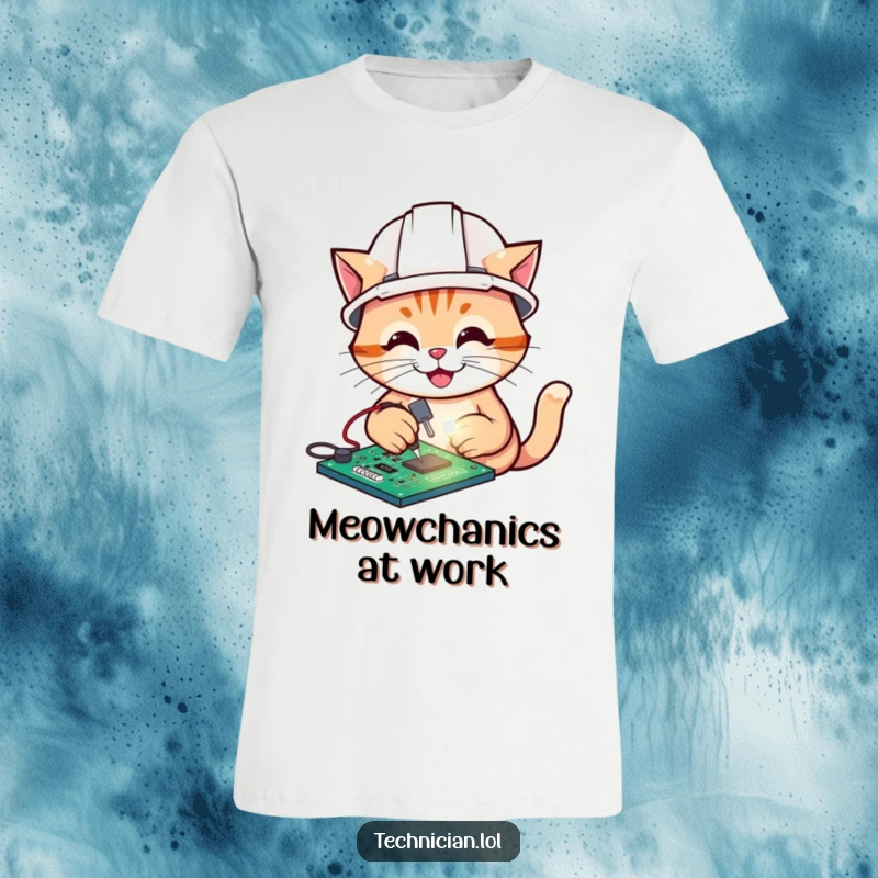 Funny t-shirt graphic of a cheerful cat wearing a hard hat, soldering a glowing circuit board, a tech cartoon.
