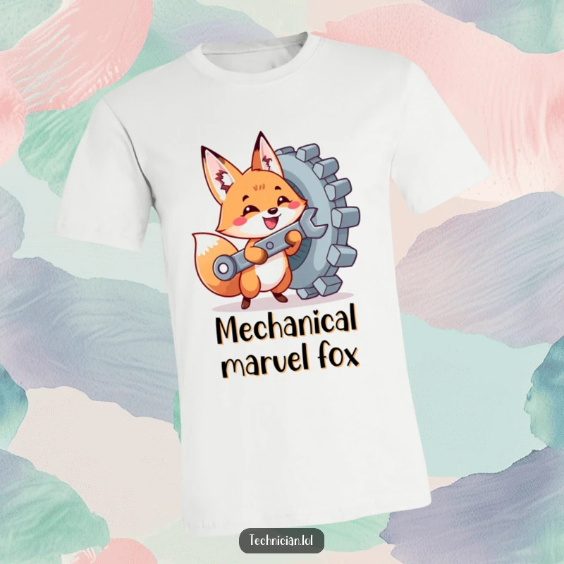 Funny t-shirt featuring a cute fox with a wrench excitedly tightening a giant bolt, representing helpfulness and DIY spirit.