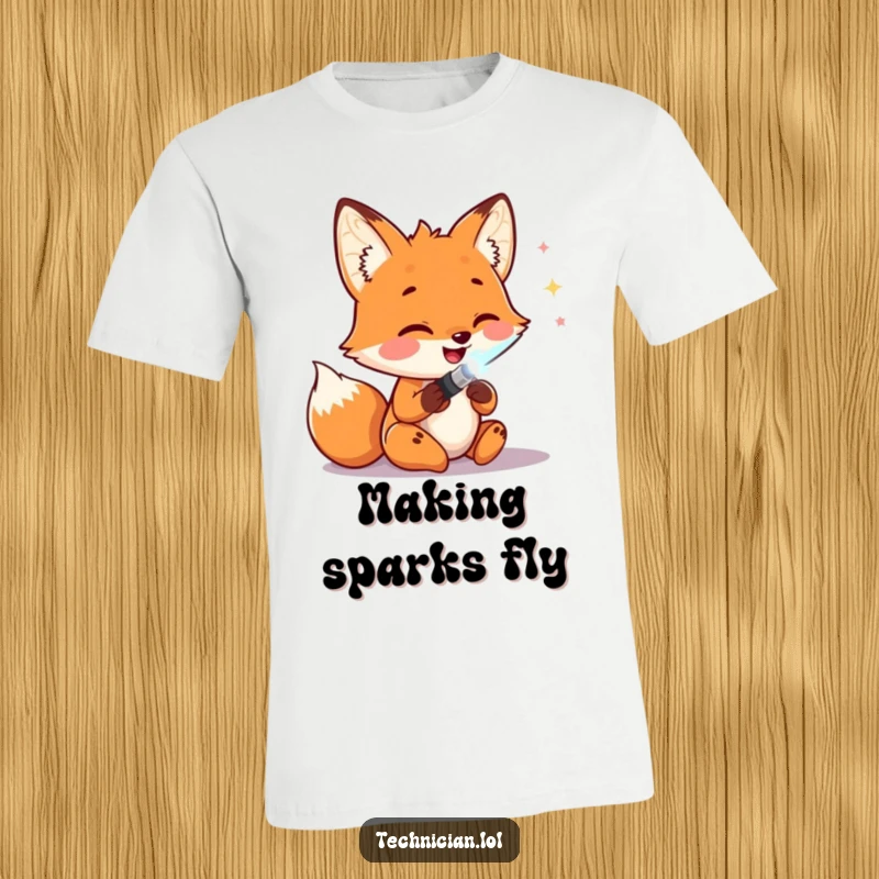 Funny T-Shirts: A happy fox beams while soldering wires with a glowing tool, radiating enthusiasm for electronics and DIY projects with a playful spirit.