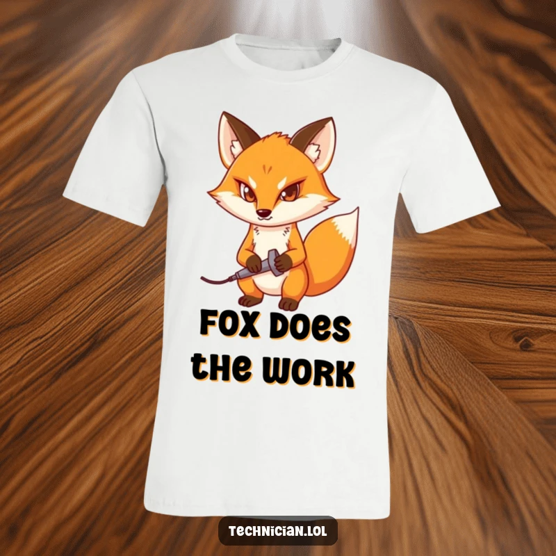 Funny t-shirt with a determined fox holding a soldering iron, showcasing a passion for electronics and DIY projects.