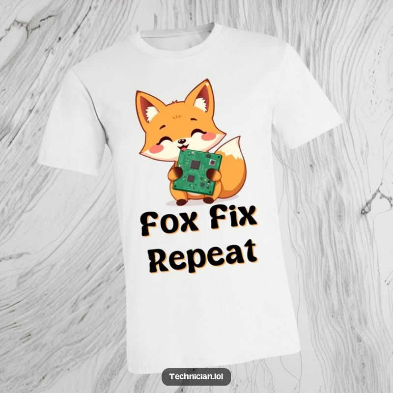 Funny t-shirt, cheerful fox proudly displaying a repaired circuit board, expert tech repair, geek humor.